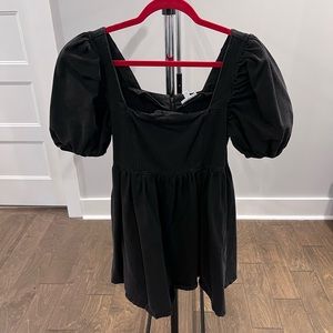 Pink Lily - Black Denim Baby Doll Dress, Puffer Sleeve